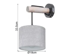 LED Wandleuchte mit Schalter, Holz und Stoffschirm Grau, Höhe 33,5cm