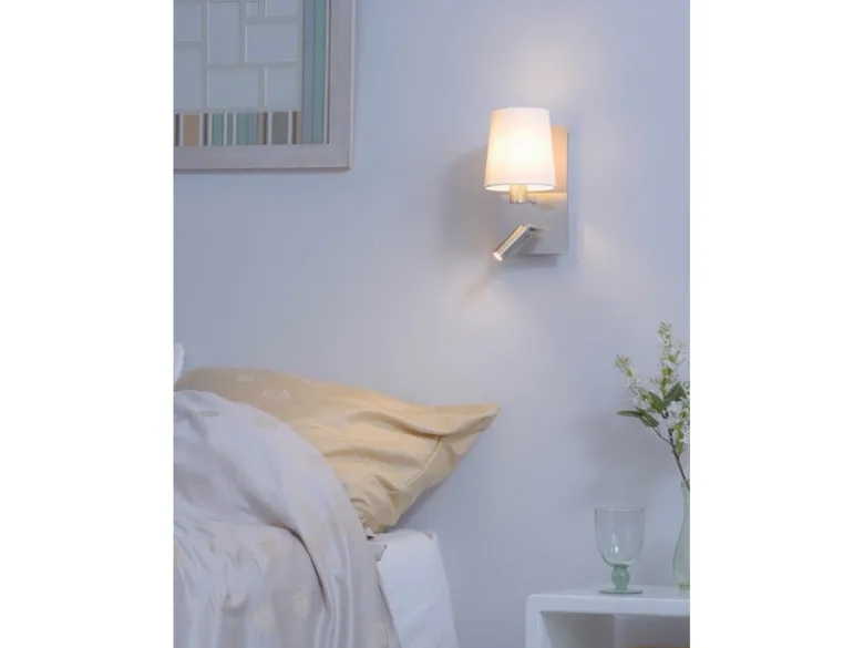 LED Wandleuchte Silber mit schwenkbarem Leselicht & Stoffschirm Weiß, Höhe 31cm
