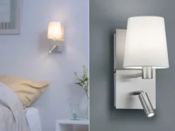 LED Wandleuchte Silber mit schwenkbarem Leselicht & Stoffschirm Weiß, Höhe 31cm