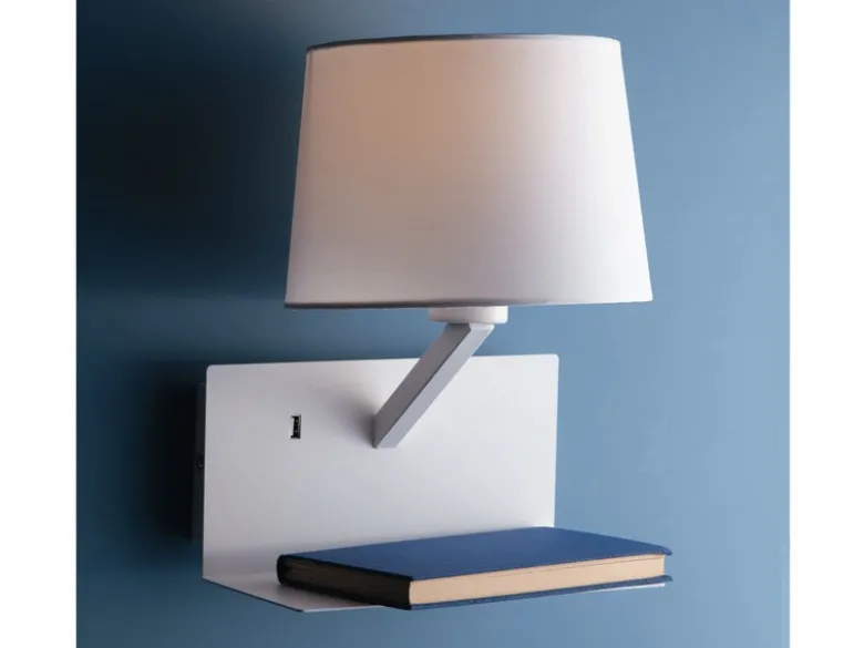 LED Wandleuchte Weiß & Stoffschirm mit USB Ladefunktion & Ablage, Höhe 31cm