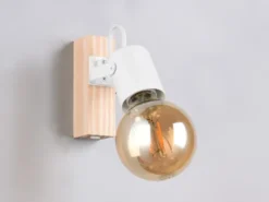 LED Wandstrahler aus Metall in Weiß mit Naturholz, Höhe 13cm