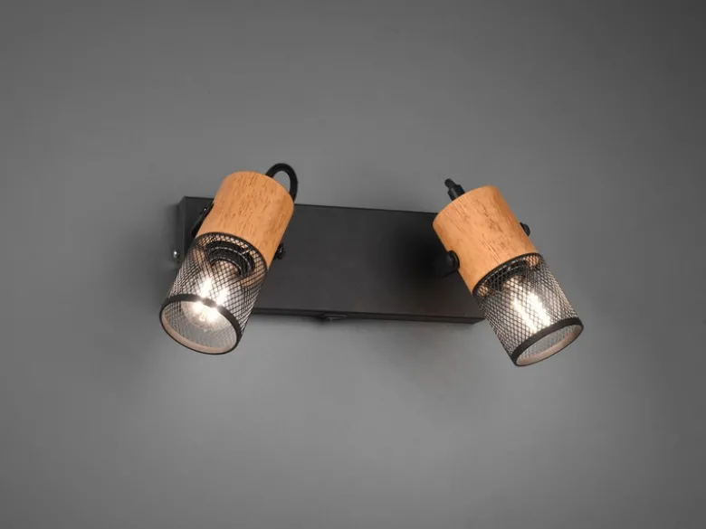 LED Wandstrahler 2-flammig mit Schalter, Schwarz & Holz, Breite 26cm