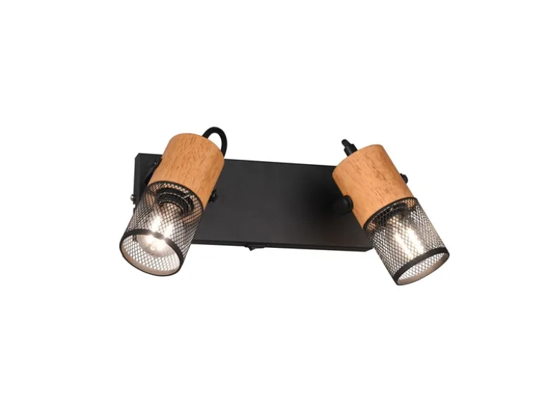 LED Wandstrahler 2-flammig mit Schalter, Schwarz & Holz, Breite 26cm