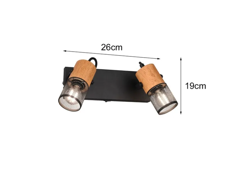 LED Wandstrahler 2-flammig mit Schalter, Schwarz & Holz, Breite 26cm