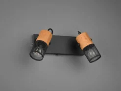 LED Wandstrahler 2-flammig mit Schalter, Schwarz & Holz, Breite 26cm