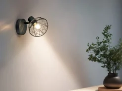 LED Wandstrahler Metall Schwarz mit Drahtgeflecht Lampenschirm, Höhe 14cm