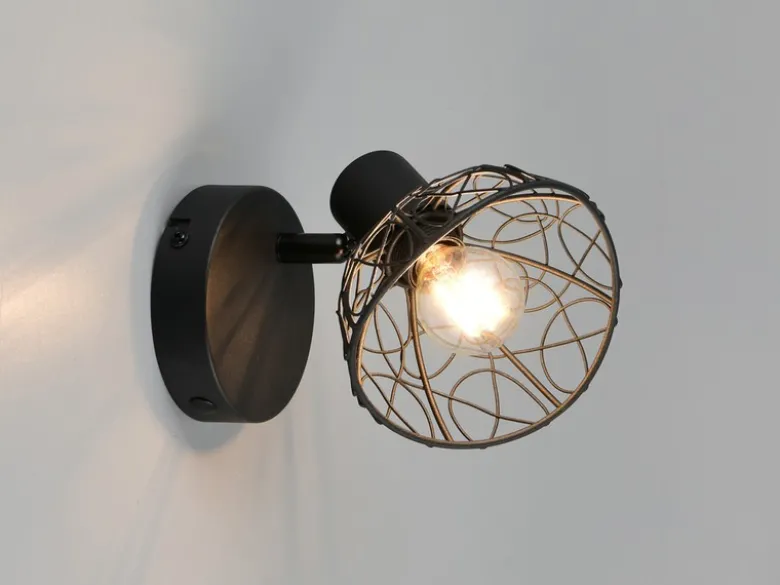 LED Wandstrahler Metall Schwarz mit Drahtgeflecht Lampenschirm, Höhe 14cm