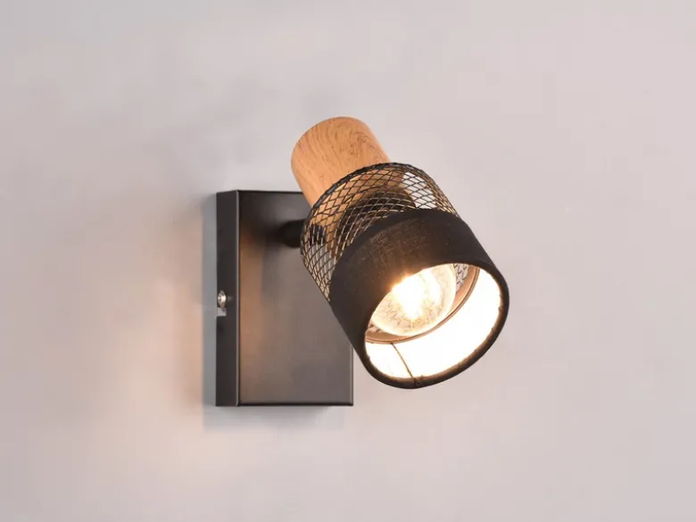 LED Wandstrahler mit Holz & Draht-Stoff Lampenschirm, Breite 7cm