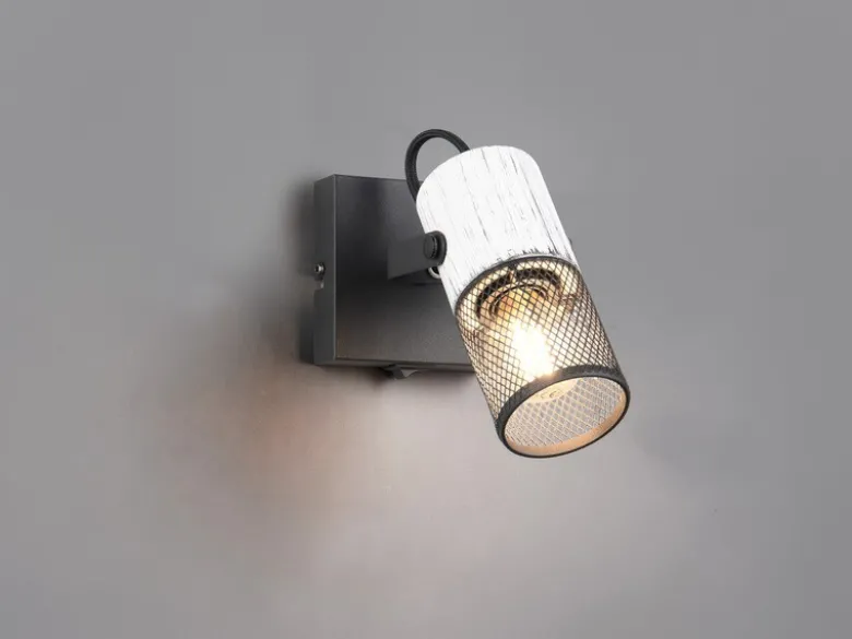 LED Wandstrahler mit Schalter, Schwarz mit Holz Weiß & Gitterschirm, Breite 9cm