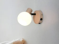 LED Wandstrahler mit Schalter aus Metall in Beige und Glasschirm, Höhe 13,5cm