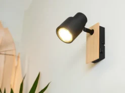 LED Wandstrahler mit Schalter, Metall Schwarz & Holz, Breite 6cm