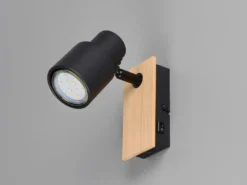 LED Wandstrahler mit Schalter, Metall Schwarz & Holz, Breite 6cm