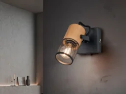 LED Wandstrahler mit Schalter, Schwarz mit Holz & Gitterschirm, Breite 9cm