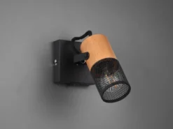 LED Wandstrahler mit Schalter, Schwarz mit Holz & Gitterschirm, Breite 9cm