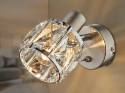 LED Wandstrahler mit Schalter & Glaskristallen Silber matt, Breite 9cm