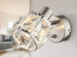 LED Wandstrahler mit Schalter & Glaskristallen Silber matt, Breite 9cm