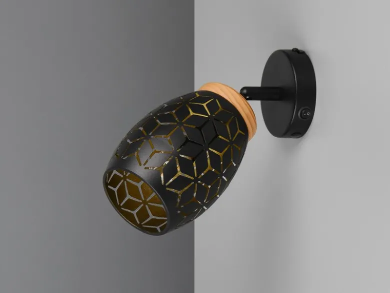 LED Wandstrahler Schwarz Gold mit Schalter & Stanzmuster, Breite 12cm