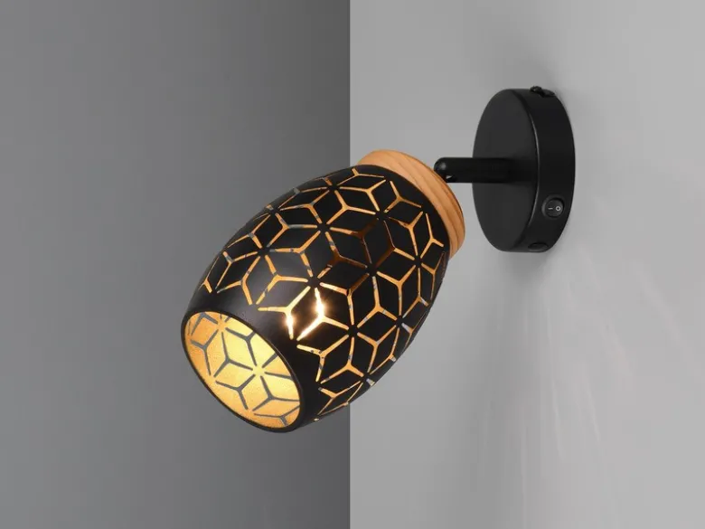LED Wandstrahler Schwarz Gold mit Schalter & Stanzmuster, Breite 12cm