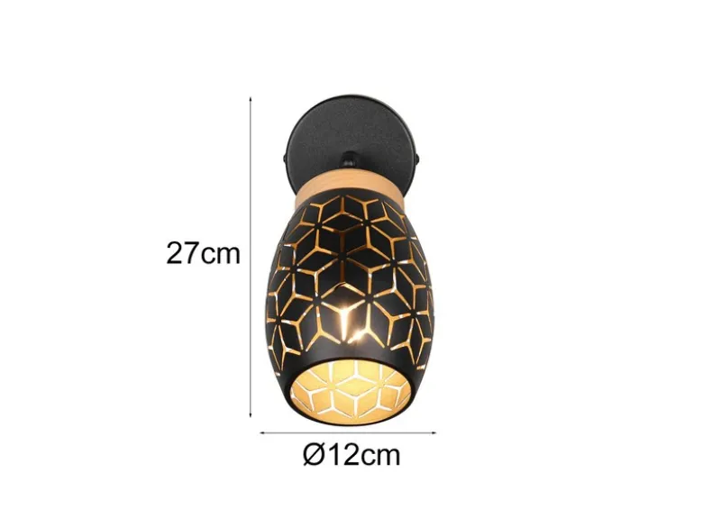 LED Wandstrahler Schwarz Gold mit Schalter & Stanzmuster, Breite 12cm