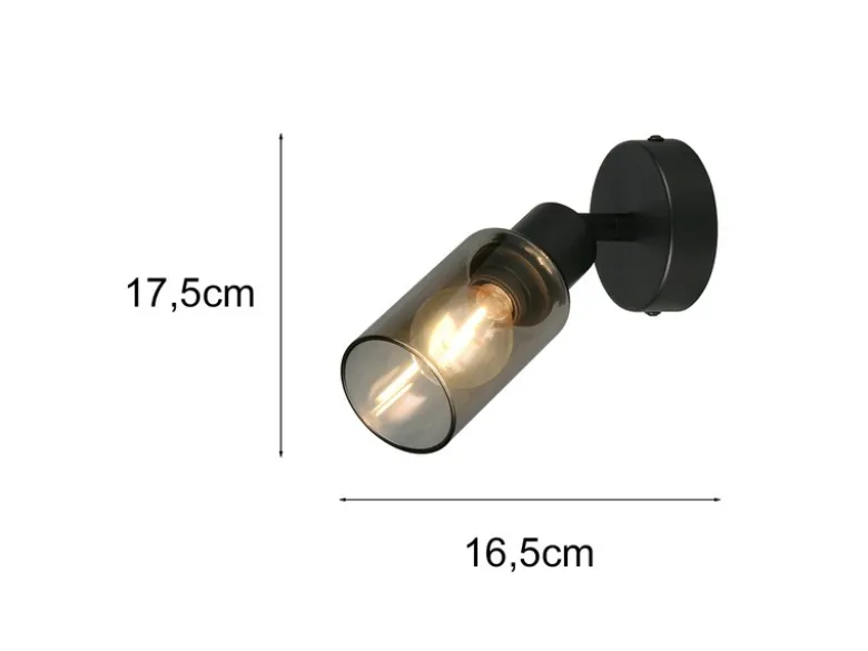 LED Wandstrahler Schwarz mit Rauchglas Lampenschirm, Höhe 17,5cm