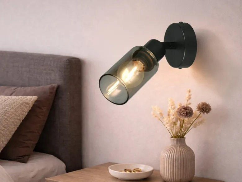 LED Wandstrahler Schwarz mit Rauchglas Lampenschirm, Höhe 17,5cm