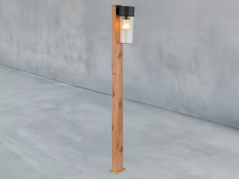 LED Wegeleuchte aus Edelstahl in Holzoptik mit rauchfarbigem Glas, Höhe 100cm