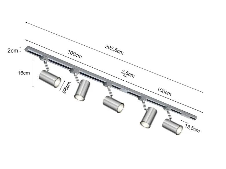 Lichtschienensystem mit 5 Spots Silber & Einspeisung 4-adrig, Länge 202,5cm