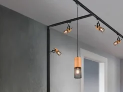Lichtschienensystem mit 8x Holz Pendel & Einspeisung 3-adrig, Länge 202,5cm