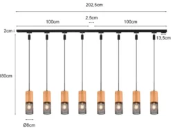 Lichtschienensystem mit 8x Holz Pendel & Einspeisung 4-adrig, Länge 202,5cm