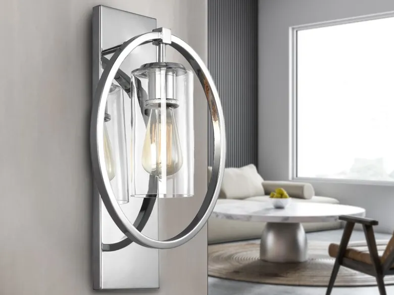 Markante LED Wandleuchte aus massivem Stahl in Chrom mit Glas, Höhe 46cm