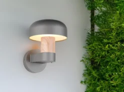 Moderne Außenwandleuchte FRASER in Anthrazit & Holzoptik, Höhe 24cm