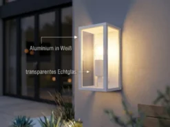 Moderne Außenwandleuchte GARONNE in Weiß mit Glas, Höhe 26cm