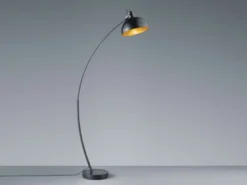 Moderne LED Bogenleuchte in Schwarz Schirm innen Gold, 155cm hoch 75cm Ausladung