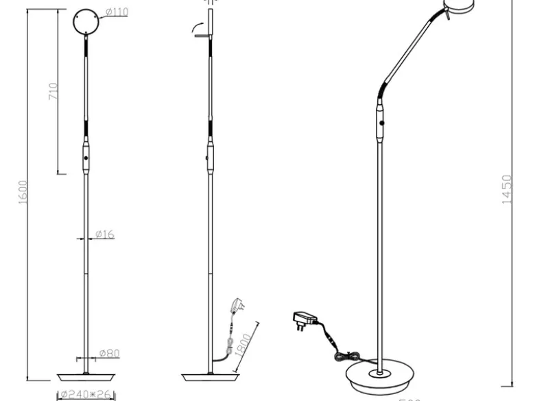 Moderne LED Stehlampe MONZA dimmbar mit Flexarm, Messing, Höhe 145cm