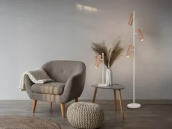 Moderne LED Stehleuchte Grau mit 3 schwenkbaren Spots Coffeefarbig, Höhe 150cm