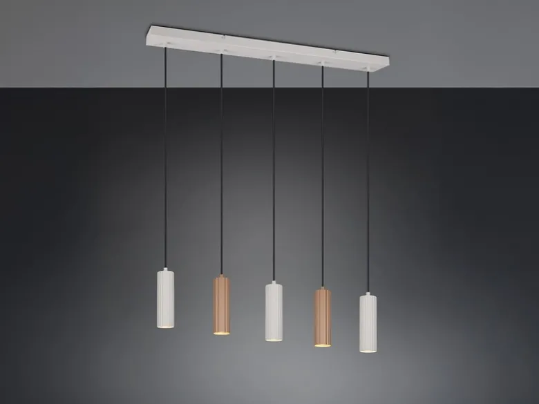 Moderne Pendelleuchte SOKA 5-flammig aus Metall Hellgrau & Coffee, Breite 85cm