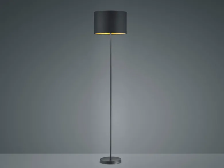 Moderne Stehleuchte HOSTEL mit Lampenschirm aus Stoff in Schwarz & Gold H: 160cm