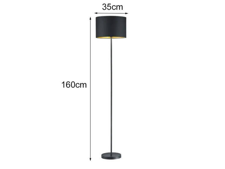 Moderne Stehleuchte HOSTEL mit Lampenschirm aus Stoff in Schwarz & Gold H: 160cm