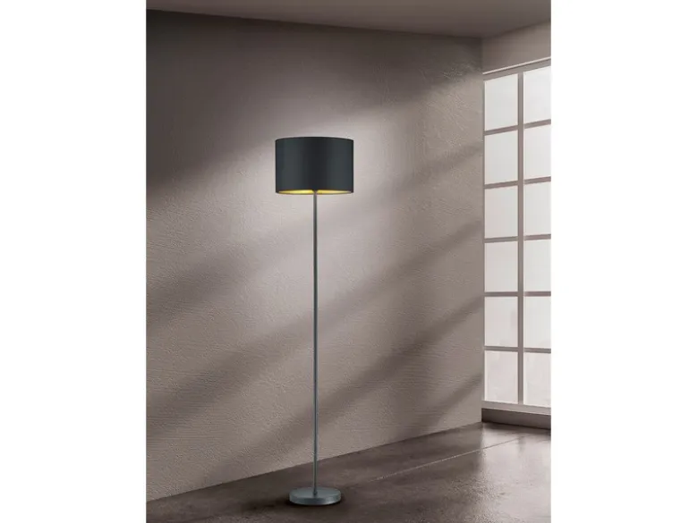 Moderne Stehleuchte HOSTEL mit Lampenschirm aus Stoff in Schwarz & Gold H: 160cm