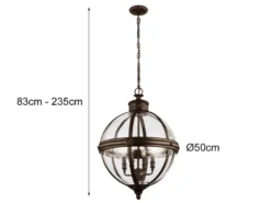 Pendelleuchte ADAMS mit Glaskugel & Stahl massiv in britisch Bronze, Ø 50cm