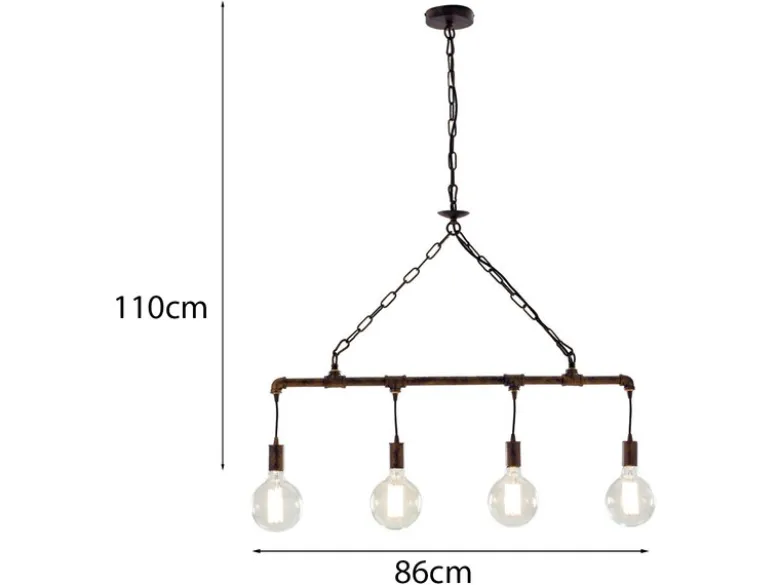 Pendelleuchte AMARCORD 4-flammig Wasserrohr Optik in Rost, Breite 86cm