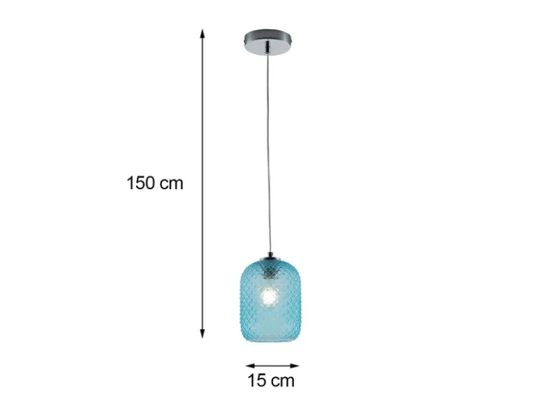 Pendelleuchte ASHFORD einflammig Kristall Glasschirm in Blau, Ø15cm