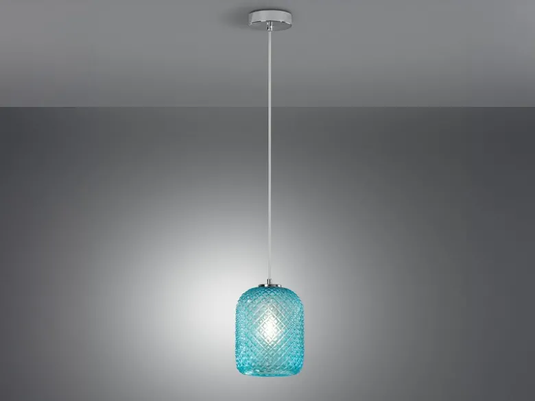 Pendelleuchte ASHFORD einflammig Kristall Glasschirm in Blau, Ø15cm