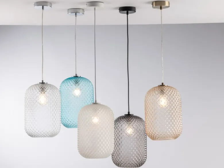 Pendelleuchte ASHFORD einflammig Kristall Glasschirm in Blau, Ø 20cm