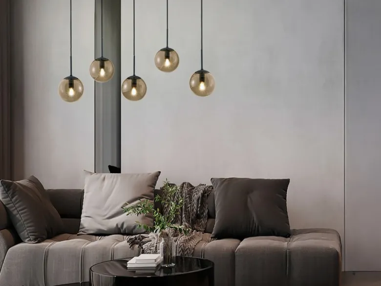 Pendelleuchte BALINI 5-flammig mit Rauchglas Kugeln, Breite 100cm