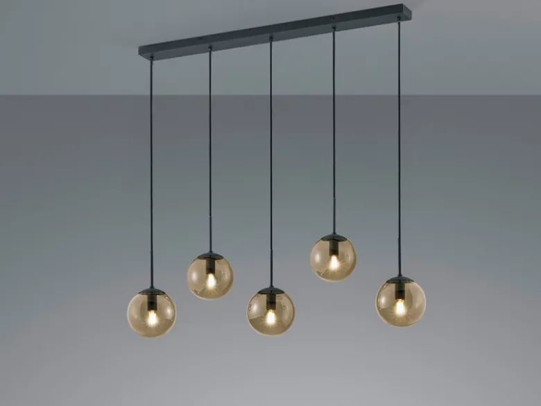 Pendelleuchte BALINI 5-flammig mit Rauchglas Kugeln, Breite 100cm