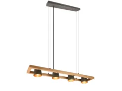 Pendelleuchte BELL 4-flammig Metallschirme schwenkbar im Holzrahmen, B: 100cm