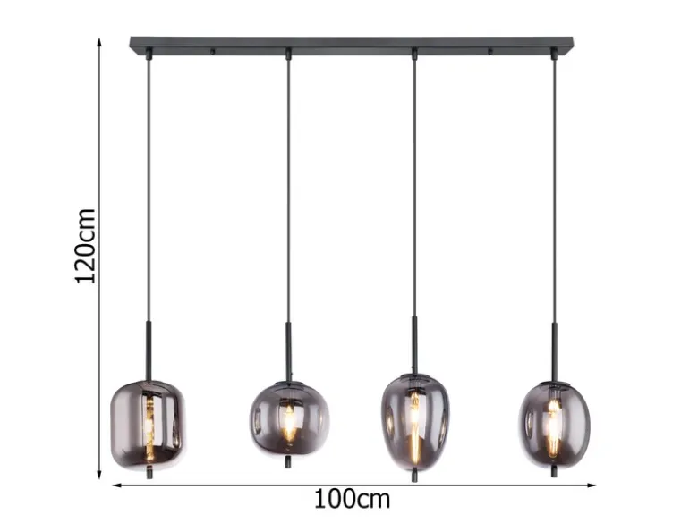 Pendelleuchte BLACKY Schwarz 4-flammig mit Rauchglas Glaskugeln, B: 100cm