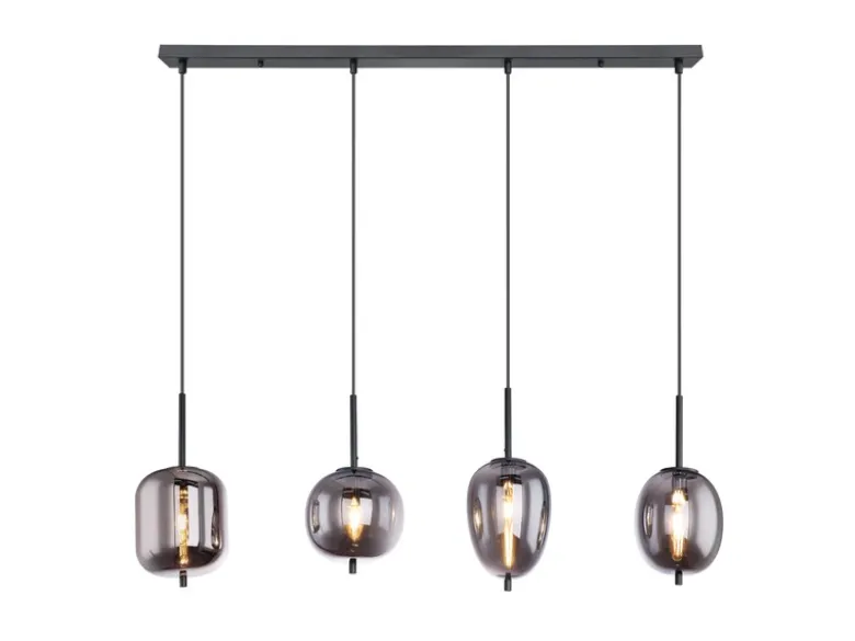 Pendelleuchte BLACKY Schwarz 4-flammig mit Rauchglas Glaskugeln, B: 100cm