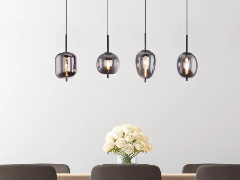 Pendelleuchte BLACKY Schwarz 4-flammig mit Rauchglas Glaskugeln, B: 100cm